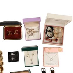 Collection of silver stone set jewellery, including pendant necklace and earrings, together with a collection of costume jewellery rings, earrings, beaded necklaces and two wristwatches
