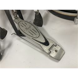 Pearl Vision SST Birch Ply shell four-piece drum kit in black comprising bass drum with foot pedal and three graduated toms; together with Pearl Custom Alloy Sensitone steel snare drum, drum and cymbal stands, microphone stand, stool and various drum sticks 