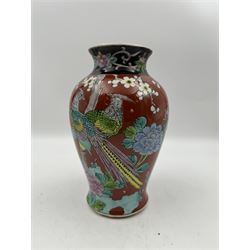Chinese Qing dynasty famille verte vase, of inverted baluster form, painted with scene of an officials pulling in a raft boat with a courtesan and child on choppy waters with a flying phoenix above, double circle mark beneath, H25cm, together with a Japanese vase & stand, and similar charger D34cm