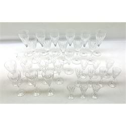 Part set of Stuart Crystal Salisbury pattern glass to include eleven wine glasses, eleven smaller, seven sherry, etc, with marks beneath, largest H18.5cm