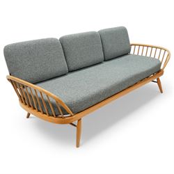Lucian Ercolani for Ercol - 'Studio Couch' model no. 355, elm and beech framed with grey upholstered loose cushions