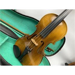 French violin for restoration with 36cm two-piece maple back and ribs and spruce top, bears label 'Lutherie Artistique M. Couturieux'; in wooden case; two modern three-quarter size violins in cases; and five violins for spares or repair