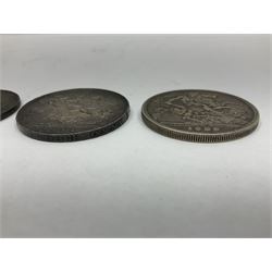 Two Queen Victoria crowns dated 1893, 1889 and an 1887 double florin coin
