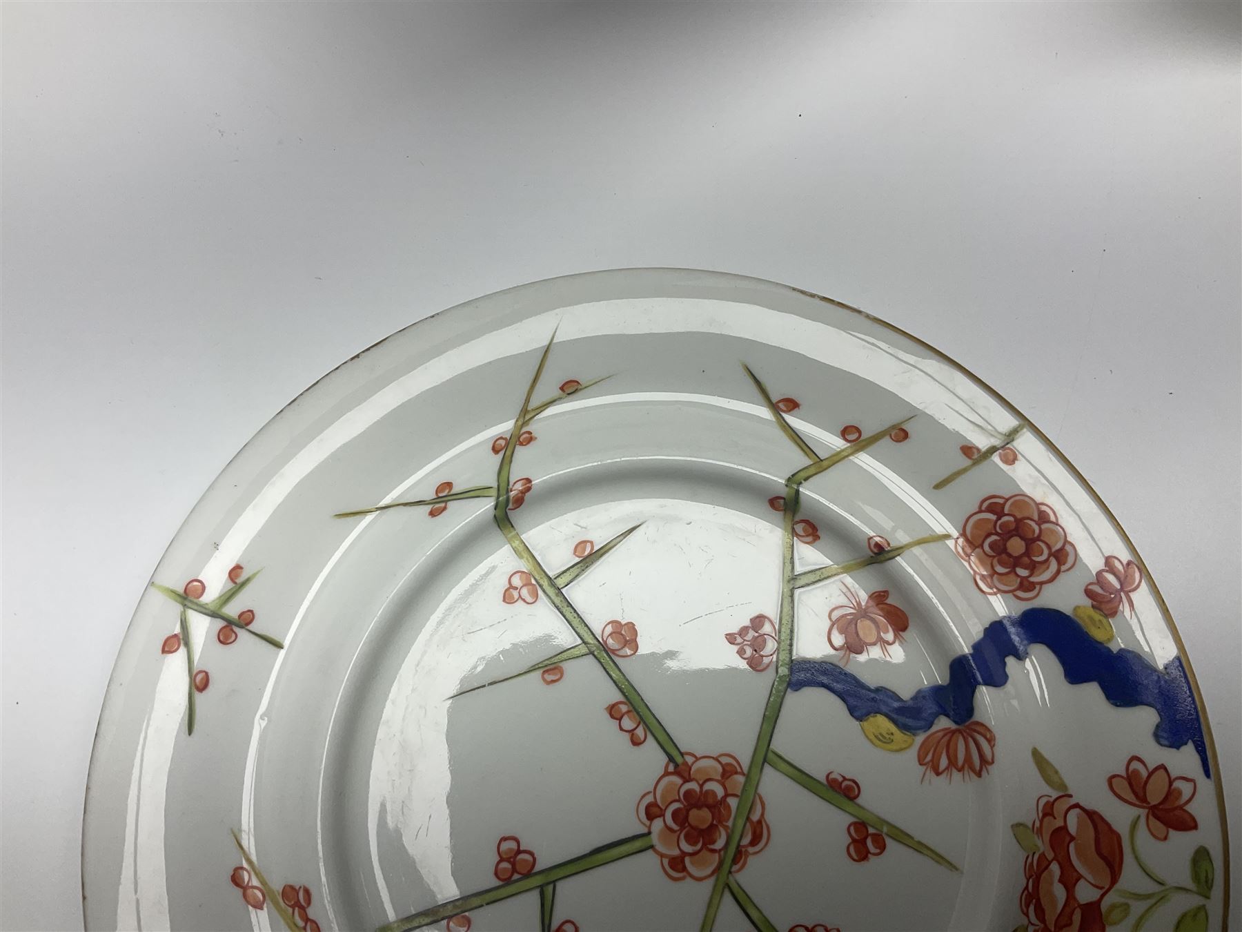 19th century Royal Crown Derby in cherry tree pattern, twin handled sauce dish and saucer and twin handled dish, together with three Royal Crown Derby plates, including one signed WEJ Dean