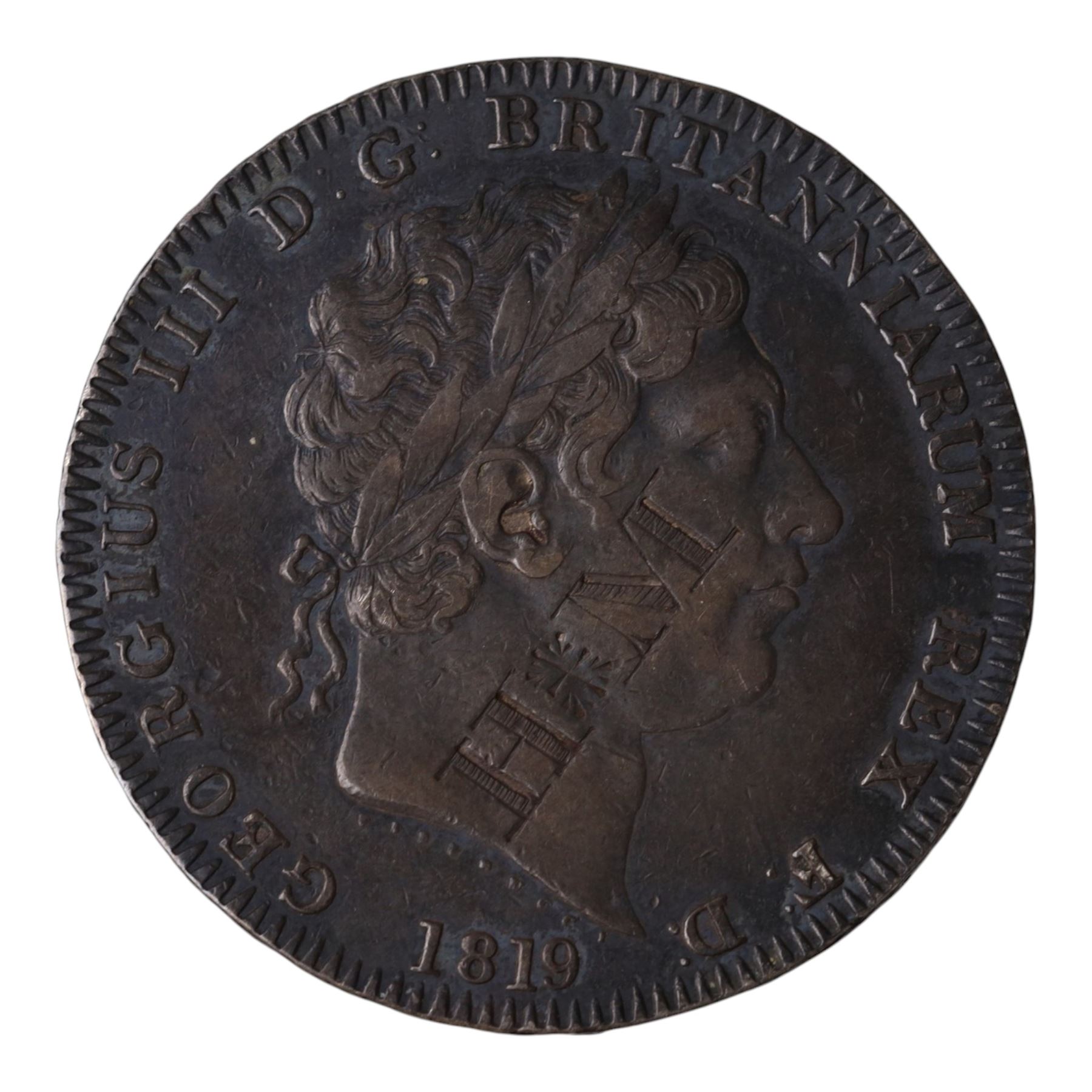 George III 1819 one crown coin, engraved with initials HM to the obverse