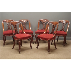  Set six Victorian mahogany chairs, piereced splat, upholstered seat, cabriole legs  