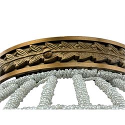 India Jane Interiors - pair of gilt metal and glass spherical ceiling light pendants, decorated with glass beads and pendants, foliage cast metal upper band, mounted by lower finial - ex-display/bankruptcy stock 