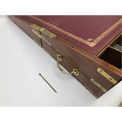 19th century mahogany and brass bound writing slope with twin drop carry handles to sides, the hinged cover opening to reveal a burgundy and gilt tooled slope and compartments, H20cm W50.5cm D28cm