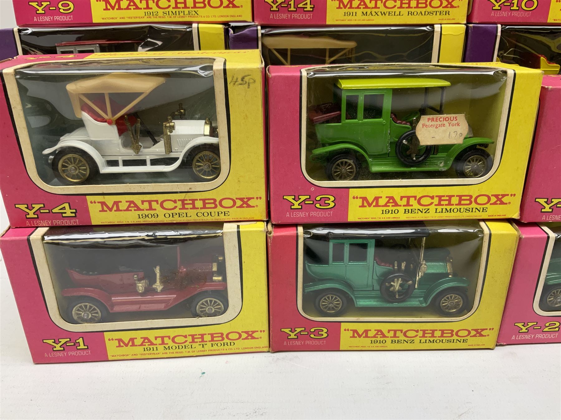 Matchbox Models of Yesteryear - two early models Y7-2 and Y12-1; and eighteen other models Y1-2, Y2-2, Y2-3, two x Y3-2, Y4-3, Y5-3, Y6-3, Y8-2, Y8-3, Y9-2, Y10-3, Y11-2, two x Y12-2, Y13-2, Y14-2 and Y16-2; all boxed (20)