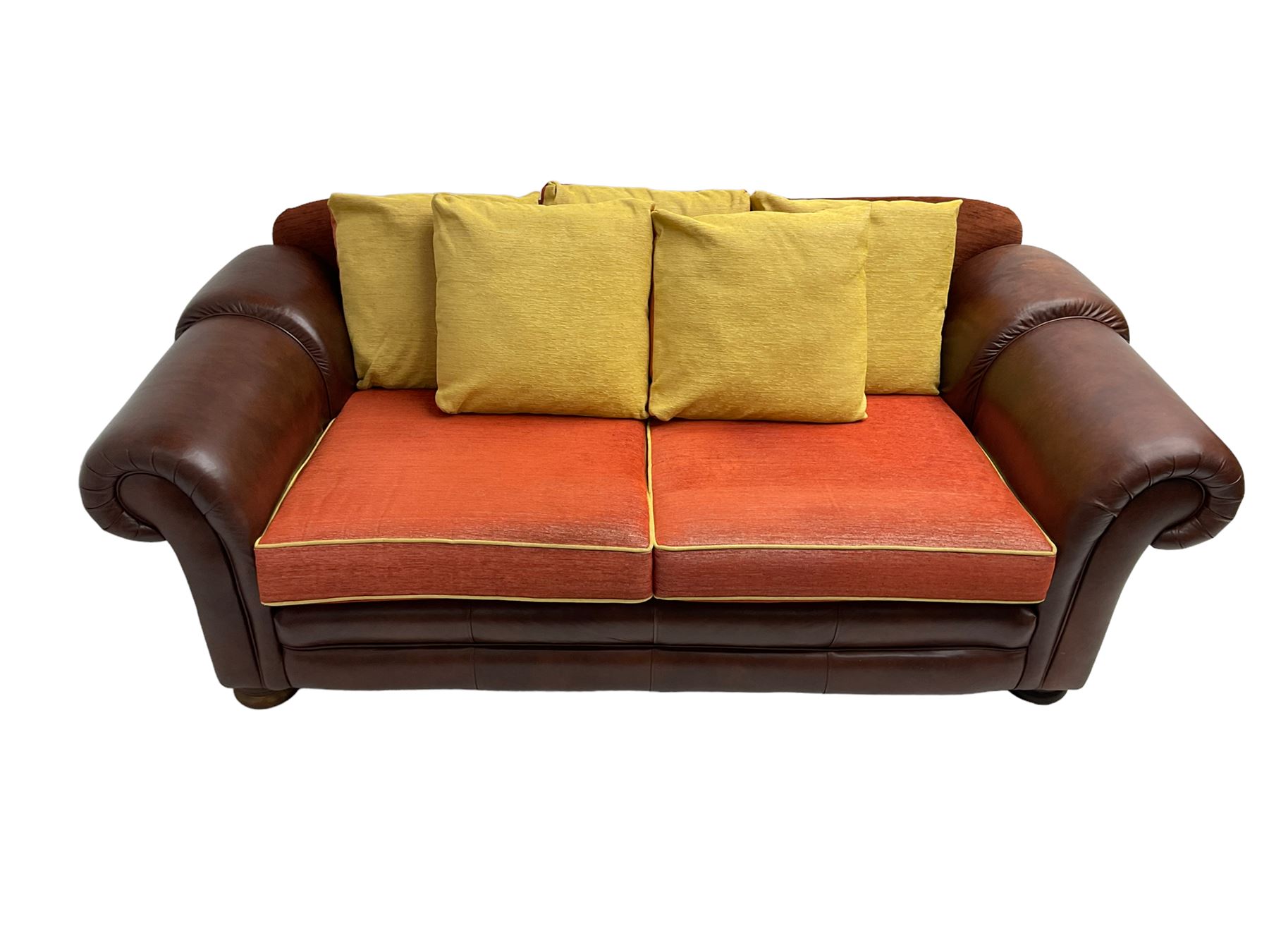 Gainsborough Lounge Suites - three piece leather and fabric lounge suite - pair two seat sofas (W225cm, H82cm, D105cm), and matching armchair (W88cm), on turned front feet with scatter cushions