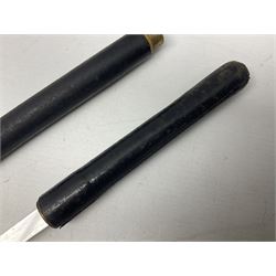 Early 20th century British Army Officer’s leather covered swagger / sword stick by Swaine & Adeney of 185 Piccadilly London; 34.5cm double edged spear point blade with etched foliate decoration and retailer’s details; stamped 'Forged in London' to the edge of the ricasso; L59.5cm overall