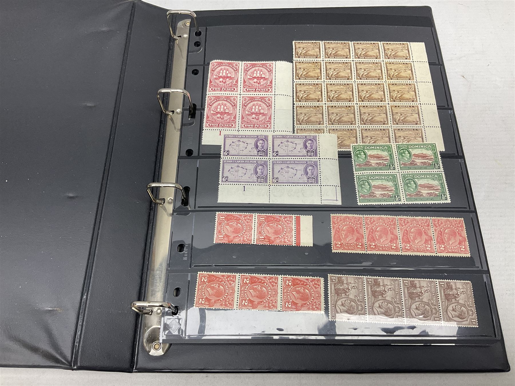 Stamps including various King George VI 12th May 1937 coronation, various 8th June 1946 Victory, various 1923-1948 Silver Wedding, Turks and Caicos Islands 'Raking Salt' mint marginal blocks of four etc, housed in two ring binder folders