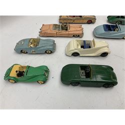 Dinky - sixteen unboxed and playworn/repainted early die-cast sports/tourer/racing cars comprising two Bentley S2 N0.194, Cadillac Eldorado No.131, Packard No.132, Sunbeam Alpine No.107, two Bristol 450 No.163, two Jaguar 'E' Type, Jaguar Type 'D' No.238, MG Midget No.108, Cunningham C-5R No.133, Armstrong Siddeley, Austin Atlantic, Frazer-Nash and Jaguar (16)