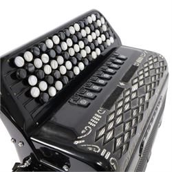 Borsini  5-row Chromatic button accordion, with 77-black and white pearlescent buttons and 96 bass buttons, in black high gloss case, with carry strap and original hard carrycase