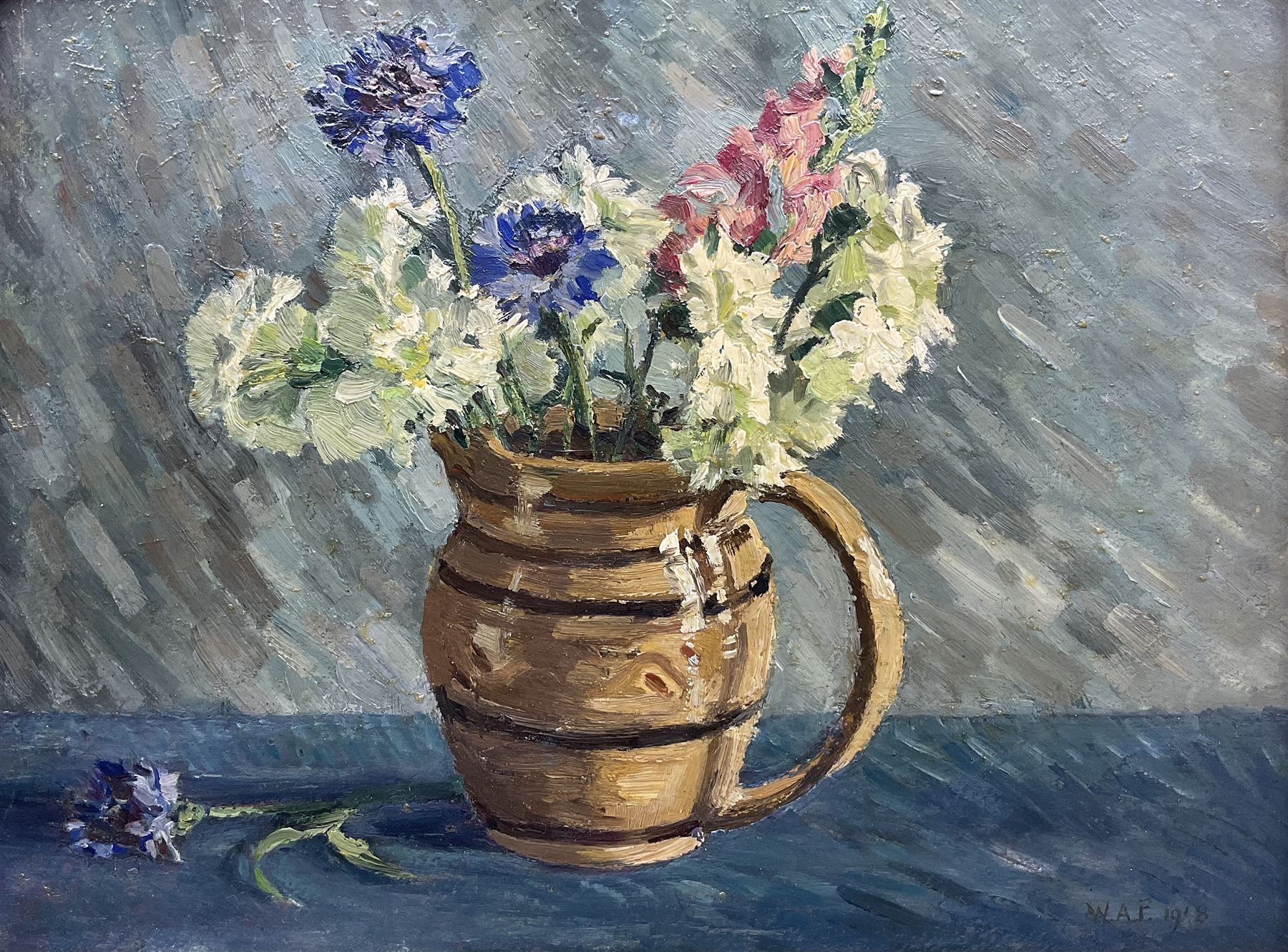 Winifred Ann Frickers (British 1915-?): 'A June Bunch', oil on board signed with initials and dated 1918, titled verso with artist's address 29cm x 38cm 