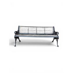 Victorian Andrew McLaren pattern cast iron bench, the ornate ends with detailed scrollwork, joined together with a cast iron seat and backrest frame supporting gently weathered oak slats, Victorian diamond stamp mark