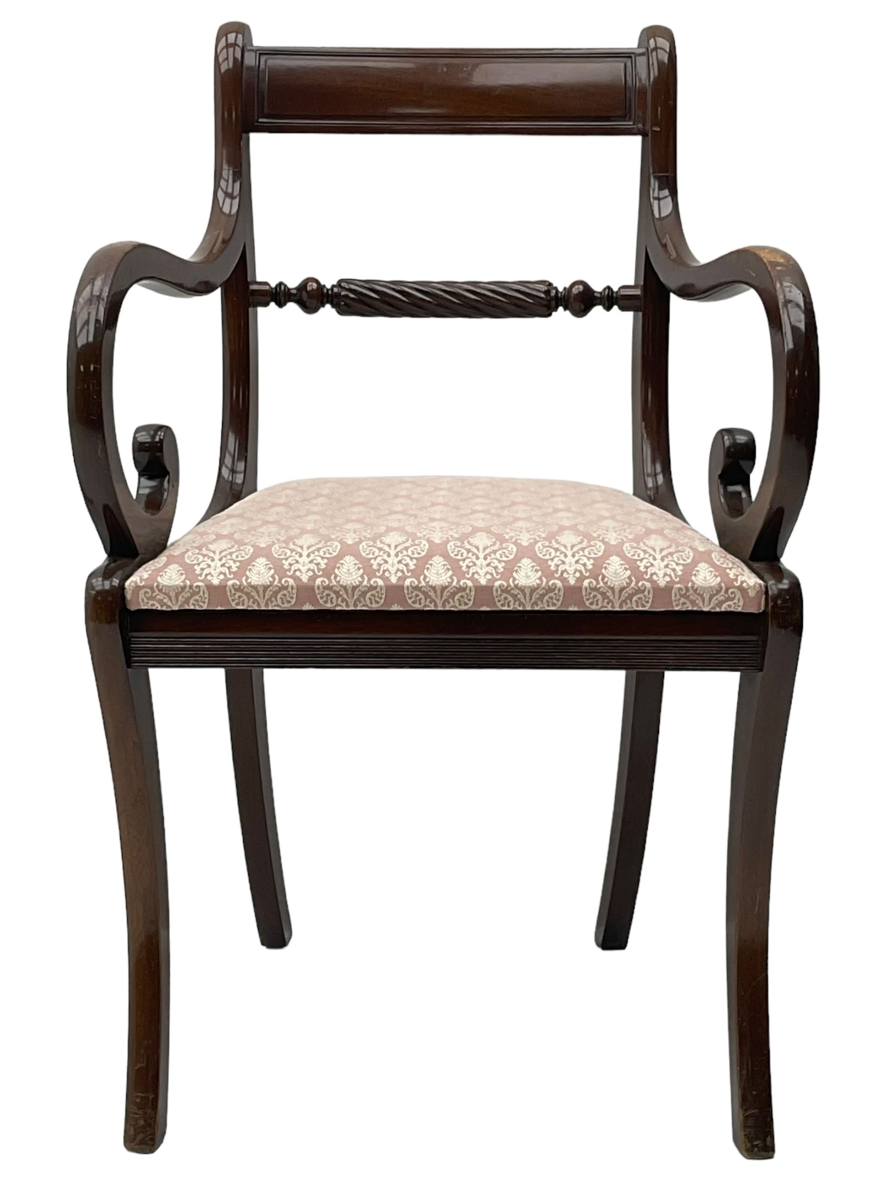 Regency design mahogany extending dining table, rectangular top with extending canted corners, pull-out action with additional leaf (84cm x 136cm - 182cm, H76cm); set of eight Regency design mahogany dining chairs with rope twist rails