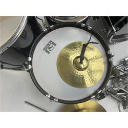 Rockburn eight-piece black drum kit with bass drum, floor tom and five other toms and snare drum; together with two other snare drums; Haosen bass drum; four cymbals; various stands, foot pedals, stool, tri-angle, drum sticks etc