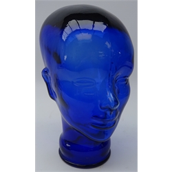  20th century blue glass Art Deco style mannequin head, H30cm   