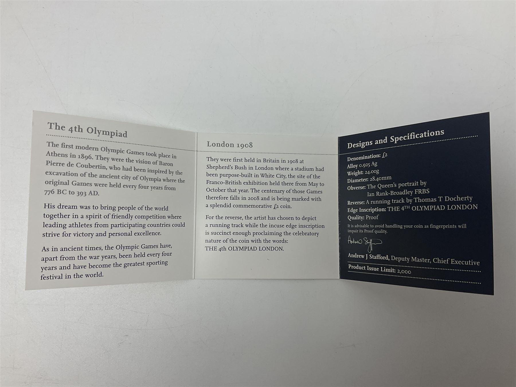 The Royal Mint United Kingdom 2010 ''4th Olympiad London' silver proof piedfort two pound coin, cased with certificate