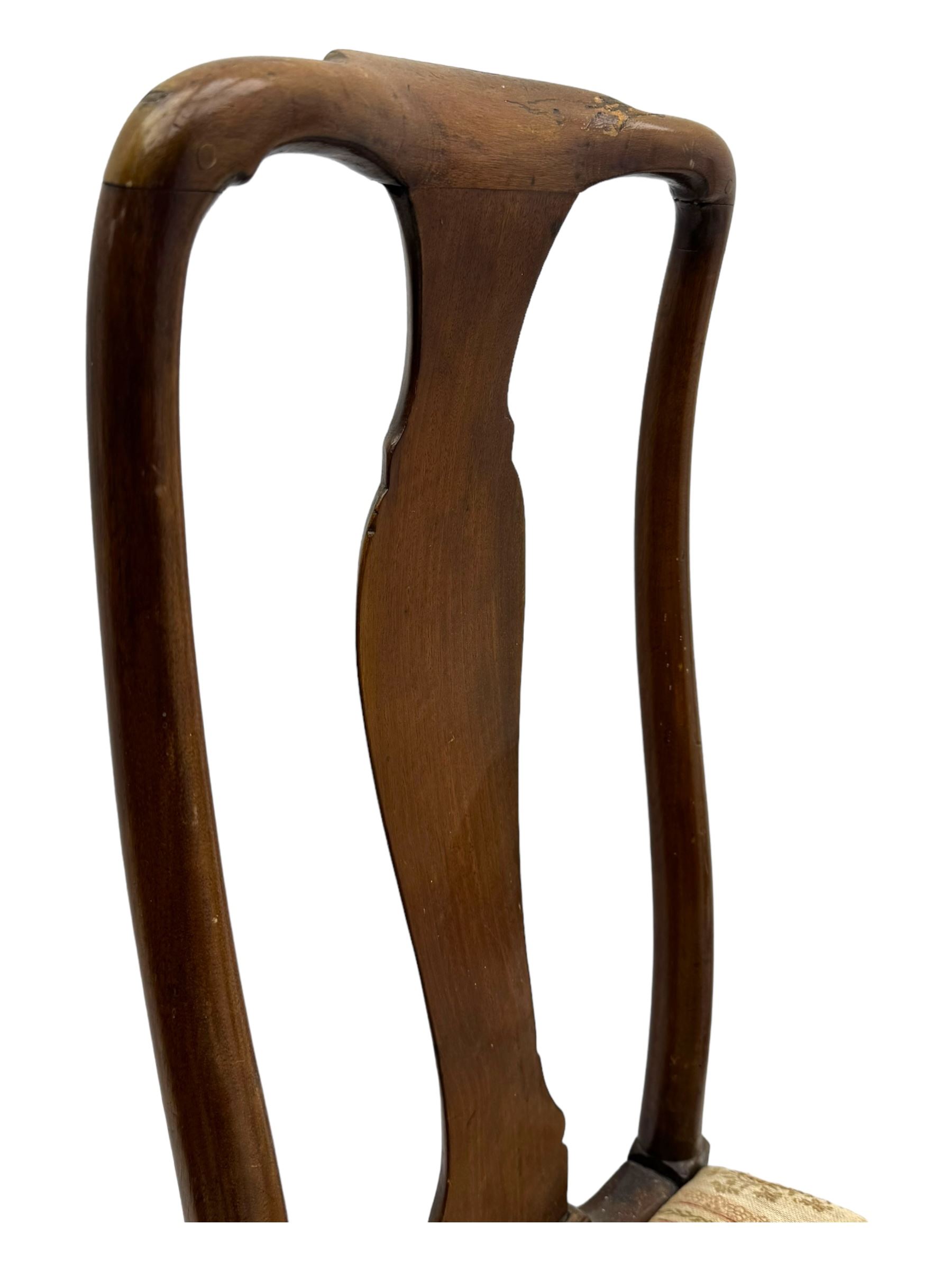 Pair of 19th century Queen Anne design walnut framed side chairs, yoke crest rail over vase-shaped splat, upholstered drop-in seats, raised on cabriole supports with pad feet united by turned stretchers