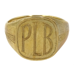  9ct gold signet ring with engraved initials 'PLB', hallmarked, approx 5.96gm  