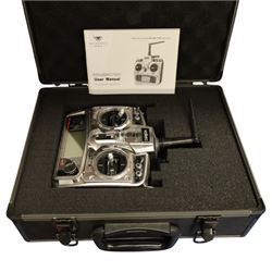 A collection of Remote control airplanes and helicopters; comprising four airplane built models, Walkera WK-2801 Pro transmitter boxed in a flight case, miscellaneous small RC helicopter parts and transmitters 