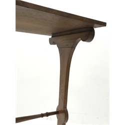 Early 20th century walnut occasional table, figured rectangular top on shaped end supports connected by turned stretcher, 48cm x 37cm, H73cm