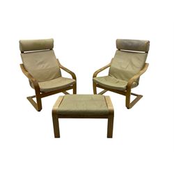 Ikea - pair of 'Poang' cantilever armchairs, upholstered in tan leather; complete with matching footstool (3)