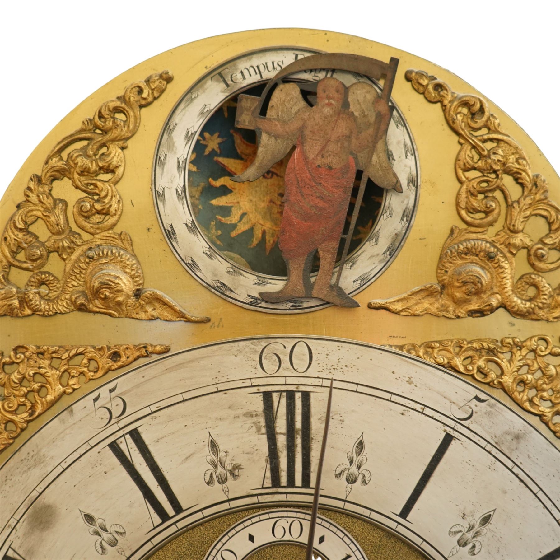 18th century longcase clock, the brass dial with ormolu spandrels, Father Time automaton and inscribed 'Joseph Heeley from London' with seconds ring and eight day movement in oak caddy top case, the trunk door with mahogany crossbanding H248cm
