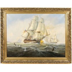 Michael J Whitehand (British 1941-): Sailing Galleons with View of Sinking Ship, oil on canvas signed and dated '86, 45cm x 60cm