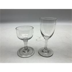 Group of 18th century and later drinking glasses, to include an ogee bowl example with conical folded foot, a number of examples with bucket and funnel bowls, knopped stems and engraved examples, largest example H12cm