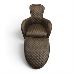 Timothy Oulton - saddle chair and stool upholstered in chocolate brown leather, with reclined back with diamond quilted cushions, stirrups upholstered to the sides  