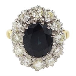 18ct gold and platinum oval sapphire and round brilliant cut diamond cluster ring, stamped, sapphire approx 2.80 carat, total diamond weight approx 1.00 carat and a 9ct gold band, hallmarked