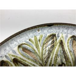 Three pieces of Denby stoneware, comprising Glyn Colledge vase,  H30cm, Glyn Colledge dish, D32cm, and further similar vase 