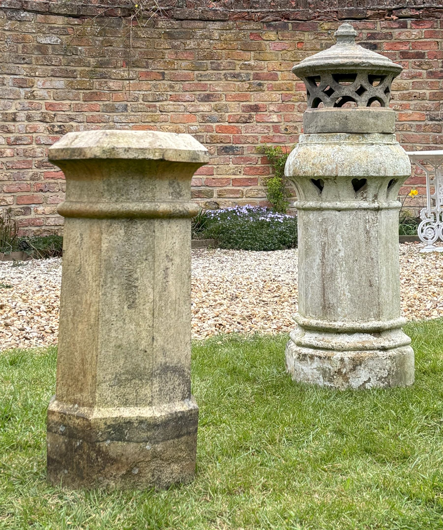 Buff terracotta chimney pot of faceted octagonal outline, with heart motif and cover (H110cm) together with another. (H75cm) (2) - COLLECTION BY APPOINTMENT FROM: The White House, Thirsk Road, Easingwold, York, YO61 3NF - CALL 01723 507111 TO ARRANGE