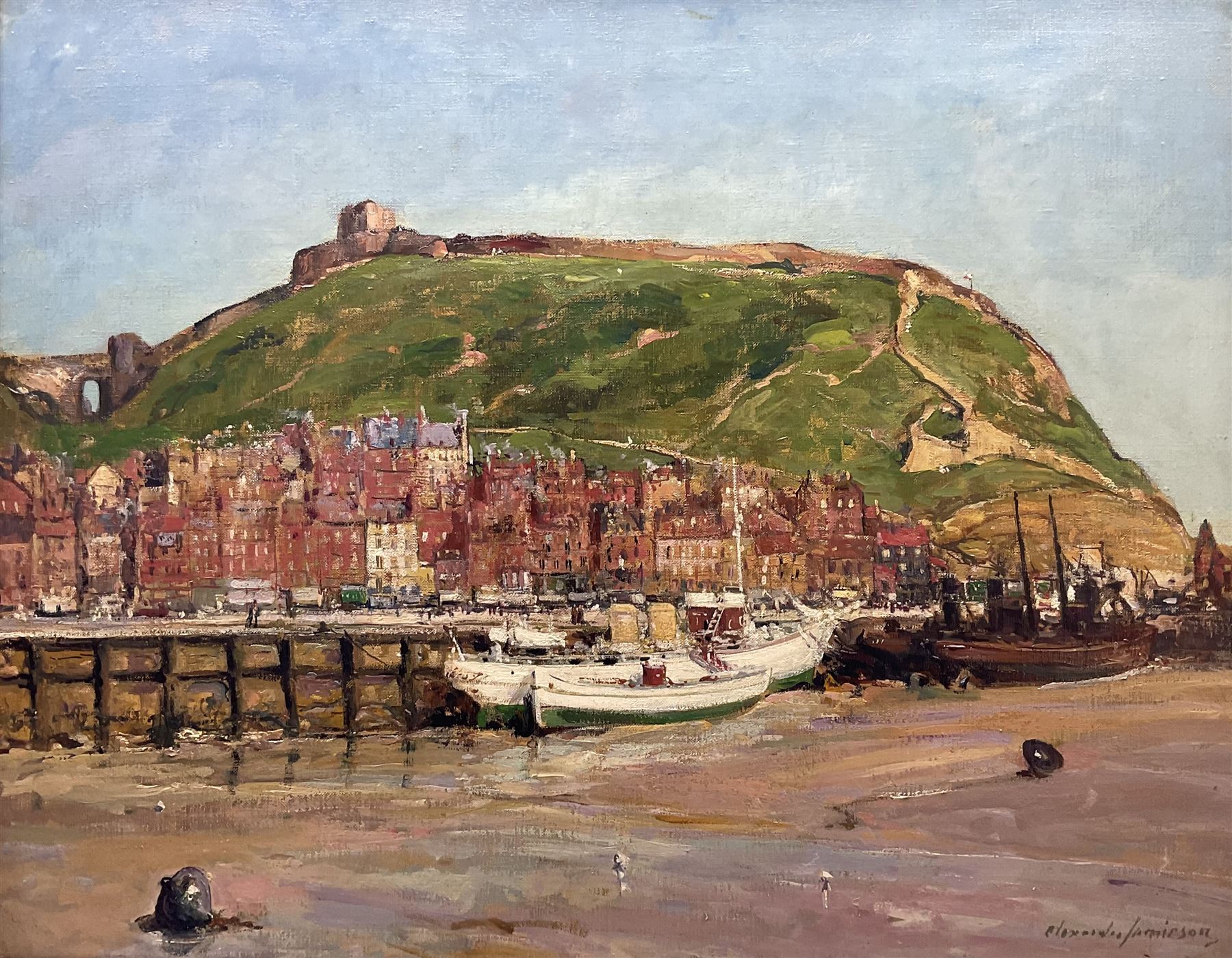 Alexander Jamieson (Scottish 1873-1937): 'Scarborough Castle and Harbour', oil on canvas signed, titled on exhibition label with 'Aylesbury' address label and James Bourlet label verso 70cm x 90cm