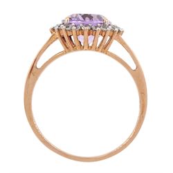 9ct rose gold oval amethyst and white zircon cluster ring, hallmarked