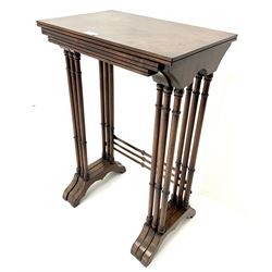 Edwardian walnut nest of three graduating occasional tables, turned supports on shaped arched feet