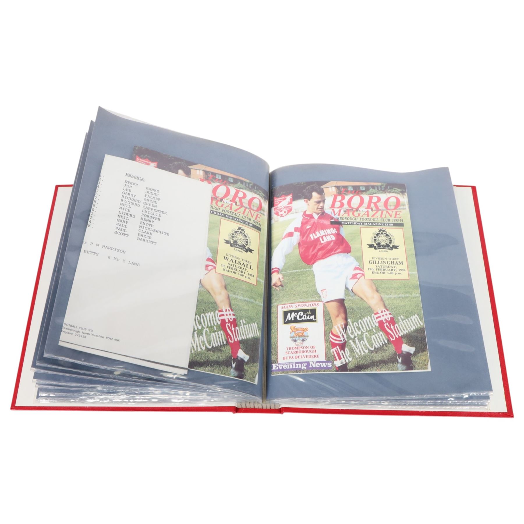 Comprehensive collection of approximately one-hundred and seventy Scarborough FC football programmes for the 1993/94, 1994/95 and 1995/96 seasons, all filed within six dedicated Scarborough FC red Home and Away binders