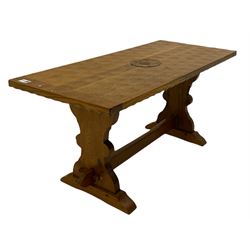 'Woodpeckerman' - Yorkshire oak rectangular coffee table by Stan Dodds, carved central rose, stretcher base, carved Woodpecker motif to the leg 