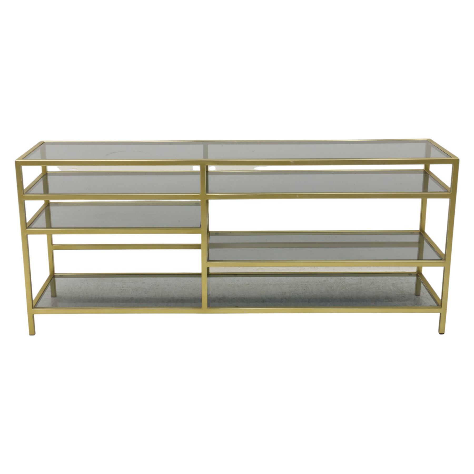 Modern glass and gilt metal media stand, rectangular smoked glass top panel set within a gilt finished metal surround, raised on square section legs, the underside fitted with a full-width glass shelf