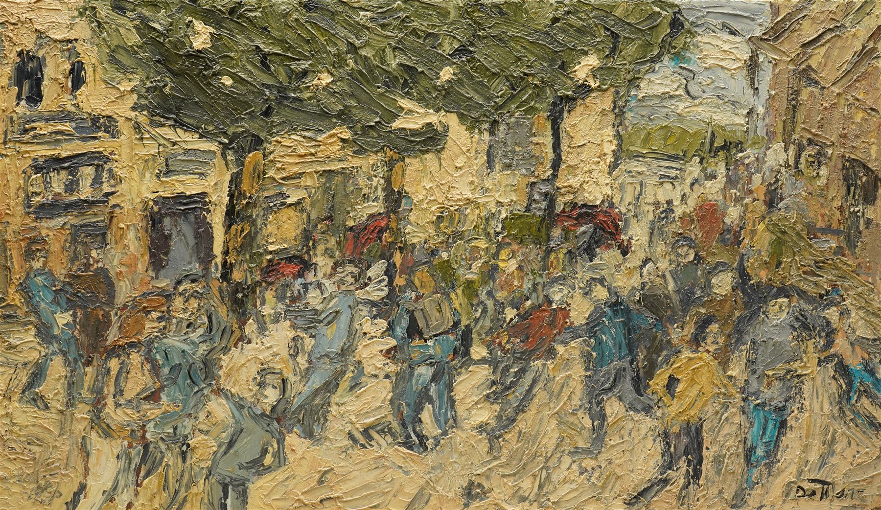 Barry De More (Yorkshire 1948-2023): 'Woolshops Halifax - Busy Day, oil and impasto on board signed, titled and dated 2012 verso 70cm x 40cm
Notes: Acclaimed as one of the North's greatest expressionist artists, Barry De More (1948-2023) used a heavy impasto style to transfer his love of Yorkshire landscapes, townscapes and people to canvas. His work sits comfortably in the company of work by Kossoff and Auerbach, selling to collectors in the UK and overseas. De More's work can be found in the permanent collection of work by Northern Artists at Dean Clough, one of the UK's largest contemporary art galleries.