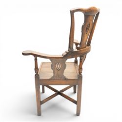 19th century elm high-backed corner chair, shaped cresting rail over three pierced vasiform splats and out-swept arms, square panelled seat over square supports united by X-stretcher