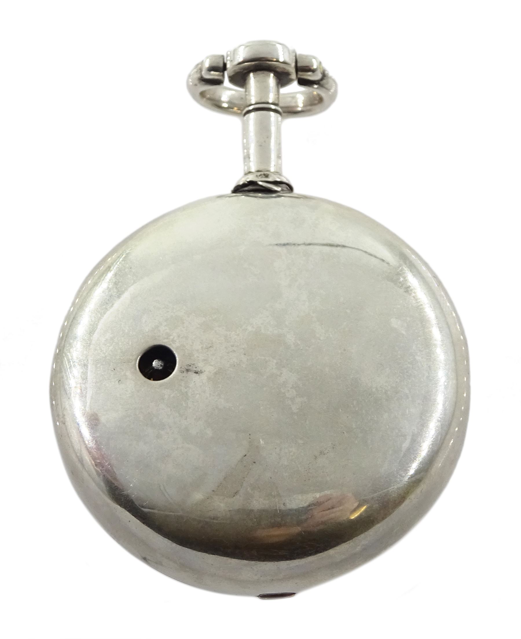 18th century silver pair cased verge fusee pocket watch for the Turkish market by Markwick Markham (London ca.1725-1805), square baluster pillars, pierced and engraved balance cock, white enamel dial with Turkish numerals