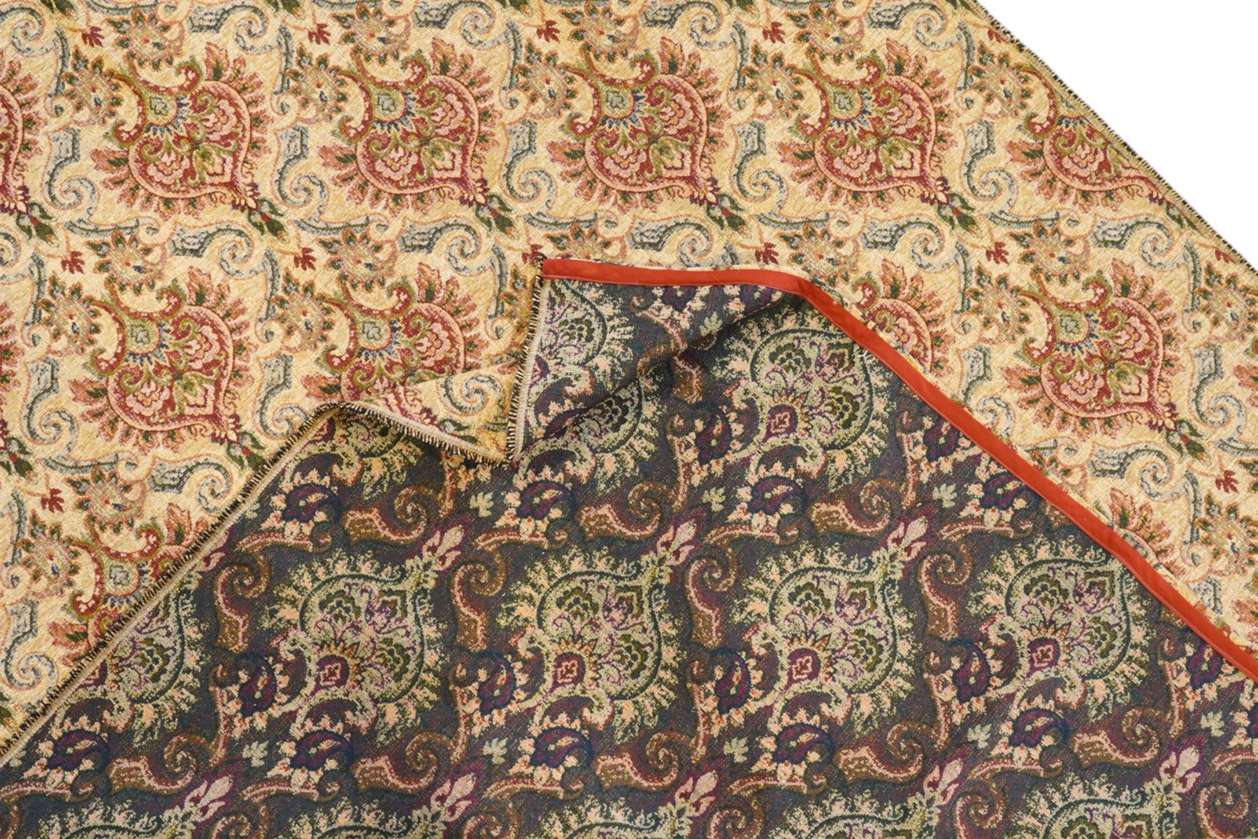 Pale golden ground chenille fabric section, decorated with repeat stylised plant motifs and trailing scrolls