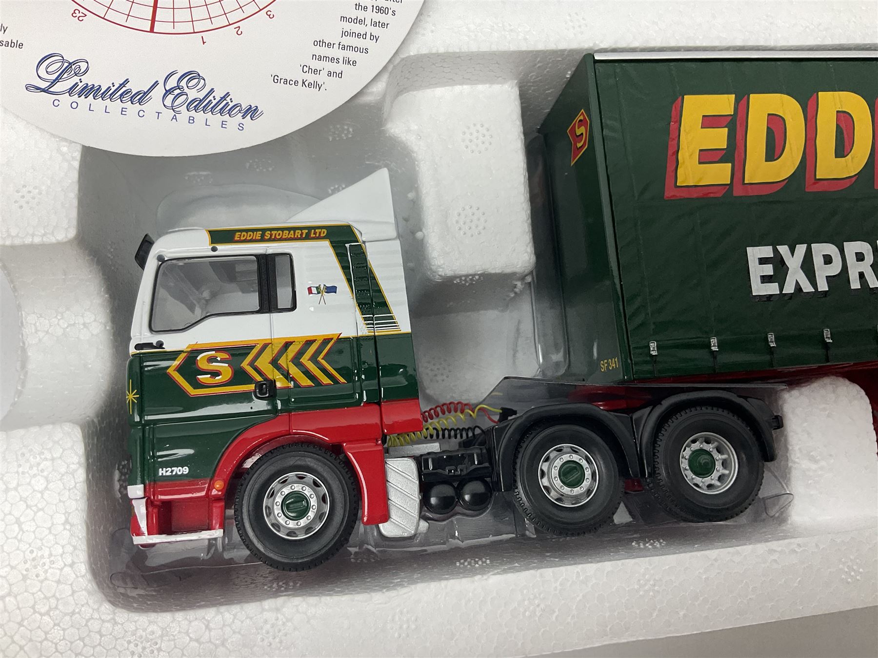 Corgi Eddie Stobart - three limited edition lorries; CC12936 Sight & Sounds Scania Topline Curtainside Trailer; CC13812 Hauliers of Renown Mercedes-Benz Actros Curtainside Knauf; and CC13405 MAN TGA XL Step Frame Curtainside Trailer; all boxed (3)