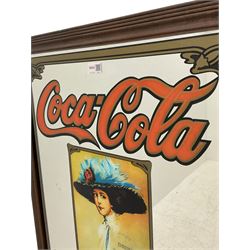 Late 20th century 'Coca Cola' style mirror (64cm x 89cm), and a 20th century frameless mirror (44cm x 67cm)