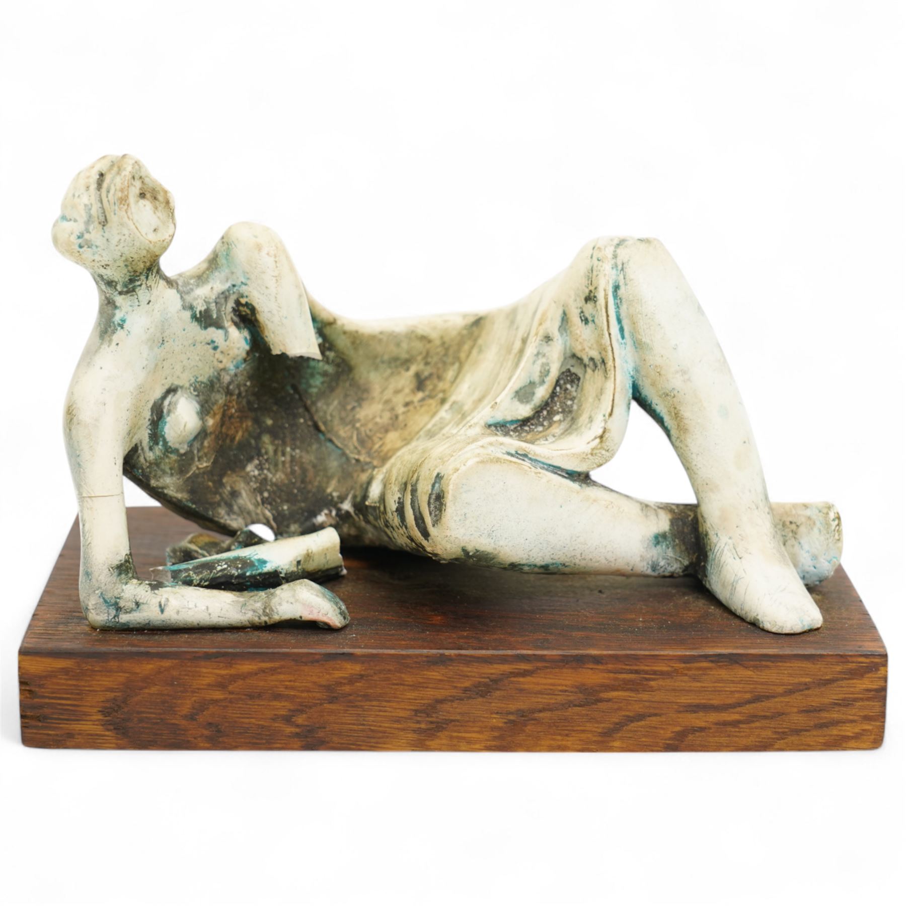 After Henry Moore (British 1898-1986): 'Reclining Figure no.4', plaster maquette sculpture, base marked with affixed catalogue label inscribed 'Reclining Figure no. 4: 1954 Archive 005838', W19cm H12.5cm