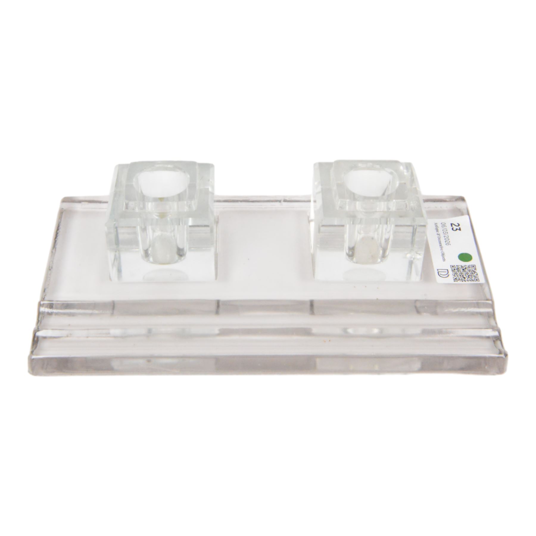RCR lead crystal Art Deco style desk stand, with two square inkwells and two pen trays, H7cm, W28cm